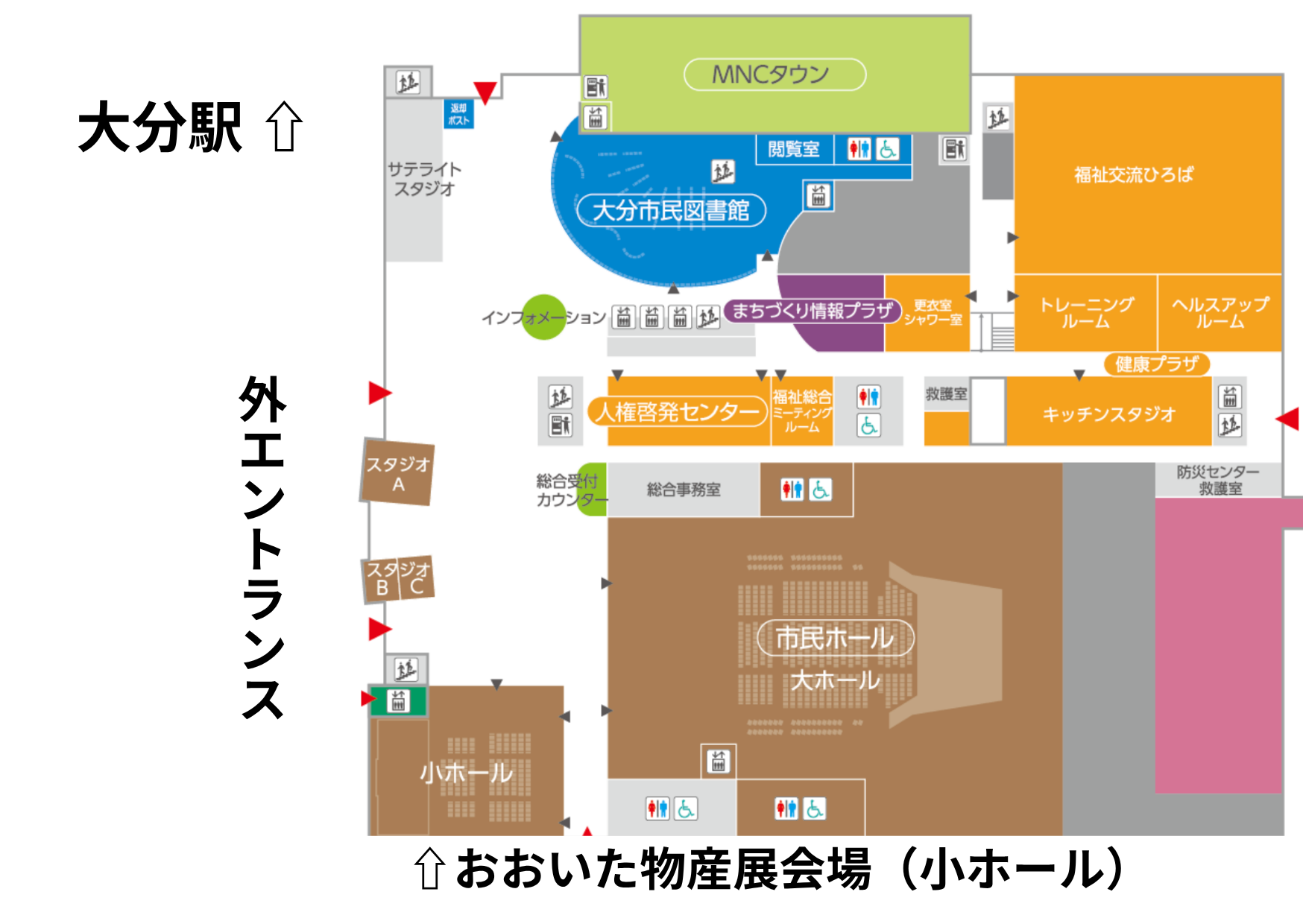 おおいた物産展の小ホール会場と外エントランス、大分駅方面を示した会場マップ